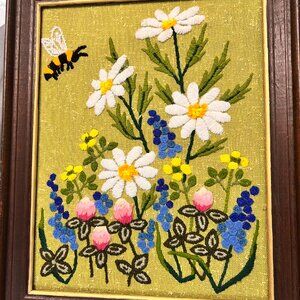 Vintage Framed Embroidery Crewel Art Floral Garden Bee Cottage Daisies